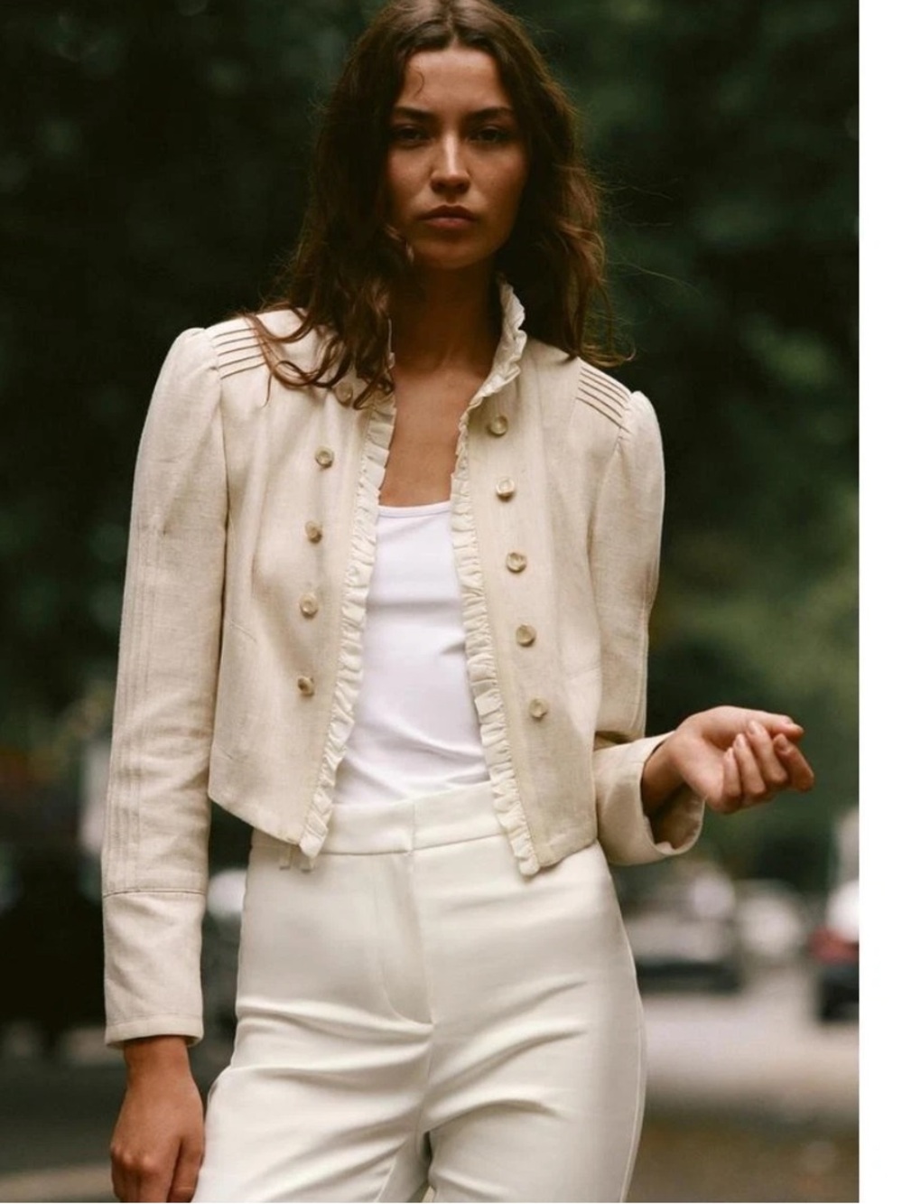 ZARA Short Ruffle Blazer Linen Medium NWT Cream Suit Jacket Tailored Cropped